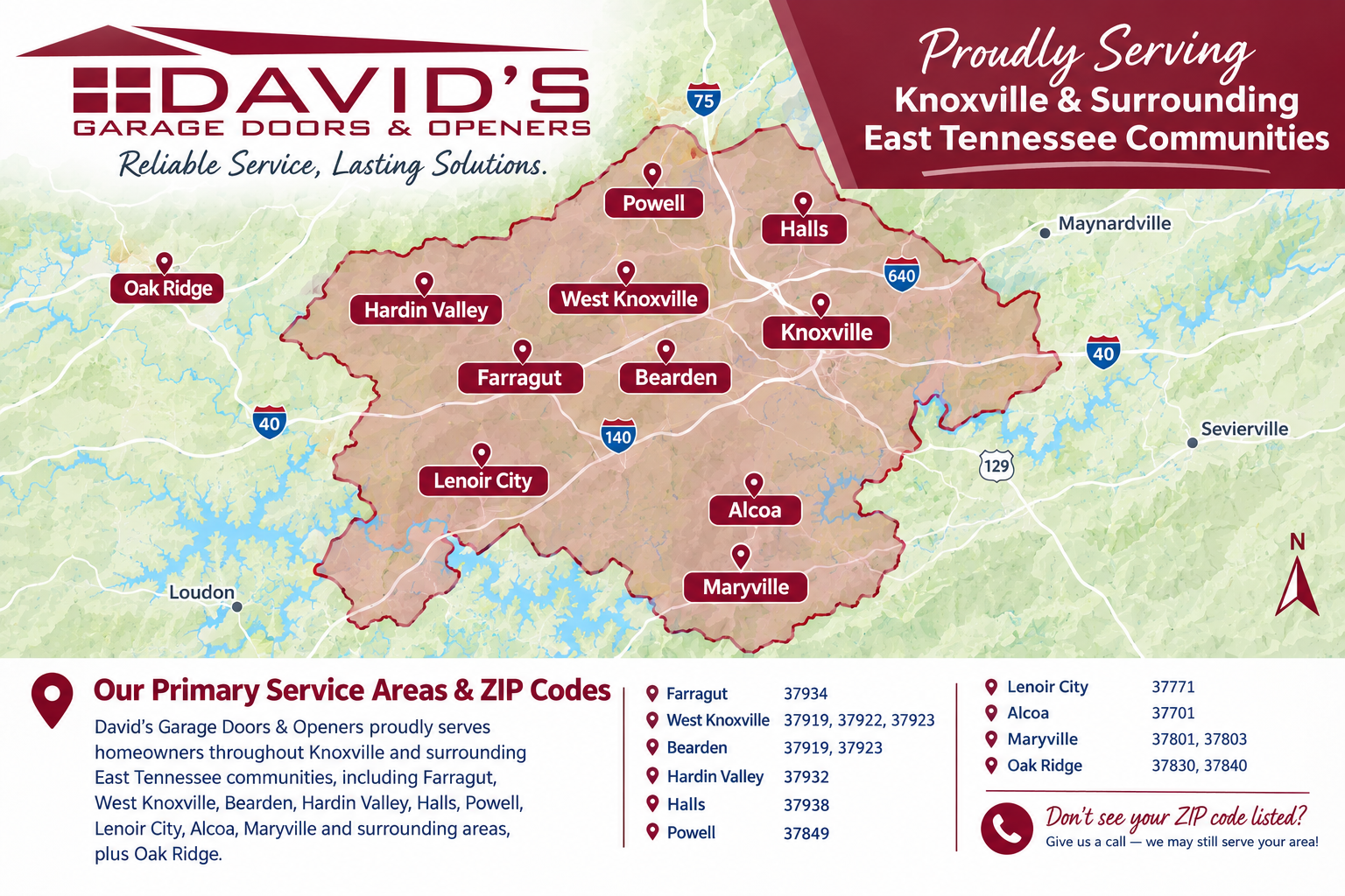 Map of David's Garage Doors service area covering Knoxville, Farragut, West Knoxville, Bearden, Hardin Valley, Powell, Halls, Oak Ridge, Lenoir City, Alcoa, and Maryville Tennessee